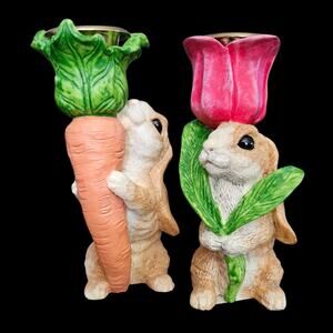 Vintage Bunny Candlestick Holders Set Easter Rabbit Carrot Tulip